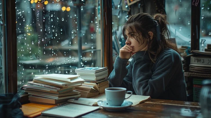 Rain on window with wind — a cozy indoor storm for concentration Raindrops coursing down a window while wind rustles trees outside